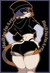 anthro big_butt black_background black_bottomwear black_clothing black_hat black_headwear black_hoodie black_shorts black_thong black_topwear black_underwear border bottomwear brown_body brown_fur butt clothing ear_piercing ears_down eyelashes female fur hand_on_hip hat headgear headwear hoodie looking_at_viewer looking_back looking_back_at_viewer piercing pivoted_ears purple_body purple_border purple_fur shorts simple_background solo tan_body tan_fur thick_thighs thong thong_straps topwear underwear wide_hips yellow_eyes badjujuarts epic_games fortnite meow_skulls domestic_cat felid feline felis mammal hi_res