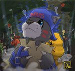 ambiguous_gender anthro backwards_baseball_cap backwards_hat baseball_cap brown_body brown_fur clothing confusion detailed_background forest fur group hat headgear headwear lost outside paper plant question_mark tree yellow_body xabimaruru bandai_namco digimon agumon bear bearmon digimon_(species) goblimon guilmon mammal hi_res