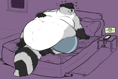 alarm_clock anthro barefoot bed bedding belly belly_overhang big_belly big_butt biped black_body black_fur butt cellphone chubby_cheeks claws clock clothed clothing deep_navel double_chin electronics facial_markings feet fur furniture grey_body grey_fur hand_on_belly head_markings huge_belly hyper hyper_belly inside love_handles lying male markings mask_(marking) moobs morbidly_obese morbidly_obese_anthro morbidly_obese_male navel obese obese_anthro obese_male on_back overweight overweight_anthro overweight_male phone pillow ring_(marking) ringed_tail solo striped_markings striped_tail stripes tail tail_markings thick_thighs tired toe_claws topless underwear white_body white_fur wide_hips window gritzoz mammal procyonid raccoon 3:2