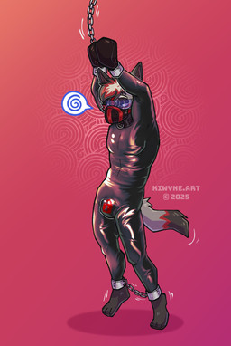 abstract_background ankles_tied anthro black_hair blue_eyes bondage_gear bondage_gloves bound chastity_bulge chastity_device clothing eyewear goggles hair hands_tied handwear hypnosis latex latex_clothing latex_skinsuit lock_bulge lock_symbol male mind_control multicolored_hair narrowed_eyes null_bulge red_hair skinsuit solo standing text tight_clothing wearing_chastity_device white_hair kiwyne 2025 artist_name dated hi_res