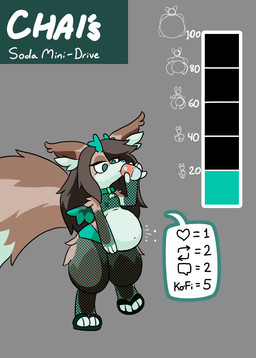 ambiguous_gender anthro antlers armwear belly big_belly clothing collar donation_drive fishnet_armwear fishnet_clothing fishnet_leggings fishnet_legwear fishnet_topwear fur horn inflation interaction_drive leggings legwear simple_background soda_inflation solo tail text thick_thighs topwear wings starrydraco mythology chai_(starrydraco) canid canine dragon hybrid mammal mythological_creature mythological_scalie scalie therrigon digital_media_(artwork) english_text