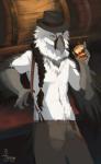 alcohol anthro beak beverage clothing feathered_wings feathers hat headgear headwear looking_at_viewer male smile solo suspenders wings fjorge accipitrid accipitriform avian bearded_vulture bird old_world_vulture vulture hi_res