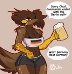 absurd_res accipitrid accipitriform alcohol anthro ara_squawks arathemacaw avian beak beer beverage bird breast_squish breasts clothed clothing eagle female german golden_eagle hi_res midriff monika_(ara_squawks) smug solo squish teasing teasing_viewer true_eagle underwear