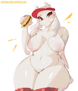 anthro breasts burger crumbs crumbs_on_face eating eating_food female food fur genitals holding_burger holding_food holding_object mostly_nude nipples red_visor solo text visor vulva white_body white_fur supersilly64 undertale_(series) toriel boss_monster_(undertale) bovid caprine goat mammal 2025 colored_sketch hi_res sketch url