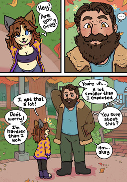 anthro breasts cleavage clothed clothing dialogue duo female human_on_anthro interspecies male male/female park size_difference smaller_female tail text katlovesshrimp bramble_(katlovesshrimp) bobtail_cat domestic_cat felid feline felis human mammal comic digital_media_(artwork) english_text hi_res adult_(lore)