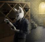 alcohol anthro beverage biped bottle cellar classy clothing container dress_shirt eyewear fur glasses hair holding_bottle holding_container holding_object long_ears male perspective shirt solo standing topwear wine ciirka lordvictor victor_komparu canid canine canis jackal mammal 2014