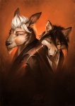 anthro clothed clothing duo male red_background simple_background suit alectorfencer canid canine fox kangaroo macropod mammal marsupial 2012