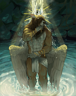 anthro bathing chain fur hair hair_over_eyes halo jewelry male muscular muscular_anthro muscular_male showering solo towel water waterfall wet wet_body wet_fur wings smiledog.rar sam_hansen angel canid canine canis chow_chow domestic_dog mammal molosser pastoral_dog spitz 4:5 absurd_res hi_res