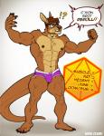 2019 ?! abs anthro biceps briefs brown_hair clothed clothing d20 dangaroo dice english_text eyewear glasses hair kangaroo kihu macropod male mammal marsupial muscular muscular_anthro muscular_male navel nipples pecs purple_clothing purple_underwear simple_background solo speech_bubble text topless underwear white_background