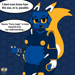 anthro areola blush breasts dialogue female floating_head genitals machine mascot pregnant solo text vulva maximillianlad e621 esix domestic_cat felid feline felis mammal robot robot_anthro 2025 absurd_res hi_res