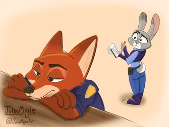 anthro black_claws black_nose bored claws clothed clothing crossed_arms dipstick_ears dual_holding ear_markings female fur grey_body grey_fur holding_note_pad holding_object holding_pencil holding_writing_utensil left-handed looking_at_another male multicolored_ears note_pad notebook orange_body orange_fur pencil_(object) pink_nose police police_uniform simple_background uniform writing_text writing_utensil johnmigleart disney zootopia judy_hopps nick_wilde canid canine fox lagomorph leporid mammal rabbit red_fox true_fox 2018 4:3