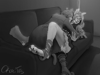 ambiguous_gender anthro buckteeth claws clothing duo ear_growth eyes_closed feet female footwear furniture gloves growth handwear kissing_neck legs_around_partner looking_away looking_pleasured mid_transformation on_sofa on_top_of_another paw_growth pawpads paws questionable_consent socks sofa soles species_transformation teeth teeth_expansion toes torn_clothing transformation whiskers okamitfs animal_humanoid cat_humanoid felid felid_humanoid feline feline_humanoid humanoid lagomorph leporid mammal mammal_humanoid rabbit 4:3 greyscale hi_res monochrome