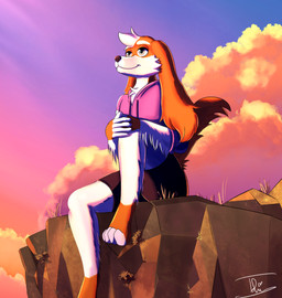 anthro black_bottomwear black_clothing black_nose black_shorts bottomwear cliff clothing cloud floppy_ears fur grass hand_on_knee hand_on_leg high_place hoodie light long_ears orange_body orange_fur pink_clothing pink_hoodie pink_topwear plant shorts sitting smile solo sunset topwear white_body white_fur tohilewd pecas_(freckles) bird_dog canid canine canis domestic_dog hunting_dog mammal spaniel welsh_springer_spaniel absurd_res digital_drawing_(artwork) digital_media_(artwork) hi_res signature