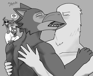 anthro box clothed clothing container duo eyes_closed female french_kissing fur grey_background grey_body grey_fur group hands_on_back hug imagination kissing long_neck male male/female male/male open_mouth scar shirtless shirtless_anthro shirtless_male simple_background size_difference smile text tongue white_body wide_eyed mr._maestrello beastars aoba_(beastars) dom_(beastars) kai_(beastars) legoshi_(beastars) sheila_(beastars) accipitrid accipitriform avian bald_eagle bird canid canine canis cheetah eagle felid feline galliform herpestid leopard mammal mongoose pantherine peafowl phasianid pilosan sea_eagle xenarthran 2026 absurd_res artist_name black_and_white digital_drawing_(artwork) digital_media_(artwork) hi_res monochrome signature watermark