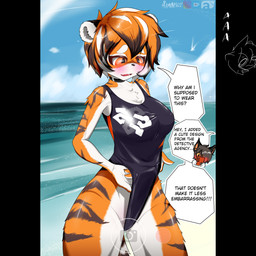 anthro beach black_body black_nose blush breasts camera_view cellphone cleavage clothed clothing countershading day dialogue ear_piercing ear_ring electronics expression_avatar female female_anthro fur hair holding_cellphone holding_object holding_phone holding_smartphone kemono linked_speech_bubble multicolored_body multicolored_fur multicolored_hair offscreen_male one-piece_swimsuit orange_body orange_fur orange_hair outside phone phone_view piercing polygonal_speech_bubble ring_piercing sea seaside smartphone solo speech_bubble standing swimwear talking_to_another text water white_body white_fur white_hair romancruzzz arknights hypergryph studio_montagne aak_(arknights) waai_fu_(arknights) felid mammal pantherine tiger 1:1 2021 absurd_res english_text headshot_portrait hi_res pictographics portrait three-quarter_portrait