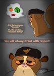 anthro beret brown_body brown_eyes brown_fur clothing dialogue food fruit fur hat headgear headwear male parody plant respectful serious smug solo speech_bubble text two_panel_image jasty dreamworks madagascar_(series) mort_(madagascar) goodman's_mouse_lemur lemur mammal mouse_lemur primate strepsirrhine english_text meme
