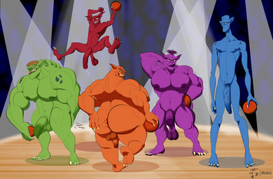 ball balls basketball_(ball) biceps blue_body blue_skin butt genitals green_body green_skin male markings muscular muscular_humanoid muscular_male nipples pecs penis pointy_ears purple_body purple_skin red_body red_skin spots spotted_body spotted_skin refractionxiii space_jam warner_brothers bang_(space_jam) bupkus_(space_jam) nawt_(space_jam) pound_(space_jam) alien humanoid monstar_(space_jam) hi_res