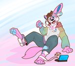 abstract_background anthro clothing eeveelution footwear generation_6_pokemon hi_res human mammal mid_transformation nintendo nintendo_ds_family open_mouth pawpads paws pokemon pokemon_(species) shoes solo stupidshepherd sylveon transformation