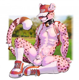 animal_genitalia anthro backpack balls bell bell_collar clothing collar ear_piercing ear_ring footwear fully_sheathed fur furgonomics genitals hat hat_over_eyes headgear headwear hidden_eyes male multi_nipple nipples piercing pink_body pink_fur plantigrade reclining ring_piercing sheath shoes socks solo text bedtime_buck raj_(bedtime_buck) cheetah felid feline mammal 2023 digital_media_(artwork) english_text hi_res