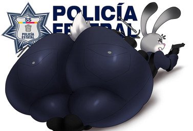 anthro big_butt bottom_heavy bottomwear buckteeth butt clothing dialogue female fur grey_body grey_fur gun handgun huge_butt huge_hips huge_thighs hyper hyper_butt lying on_front open_mouth pants pink_nose pistol police police_badge police_officer police_uniform purple_eyes ranged_weapon scut_tail short_snout short_tail snout solo tail teeth text thick_thighs tight_bottomwear tight_clothing tight_pants uniform weapon wide_hips crowundeadcat disney zootopia judy_hopps european_rabbit lagomorph leporid mammal oryctolagus rabbit 2026 hi_res spanish_text