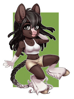 anthro black_hair bottomwear breasts brown_body chibi clothing crop_top female grey_eyes hair shirt shorts solo topwear white_body volodyanocturne dasha_(wuzy2121) draft_horse equid equine horse mammal shire 3:4 hi_res