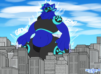 4_fingers anthro blue_body blue_hair blush blush_lines body_size_growth city city_background cityscape clothed clothing fingers glowing glowing_body growth growth_lines hair looking_pleasured machine macro neck_tuft onomatopoeia open_mouth open_smile partially_clothed protogen_armor protogen_visor size_transformation smile sound_effects standing surprised text transformation tuft sokoyo_owo neo_(neoazureproto) protogen hi_res
