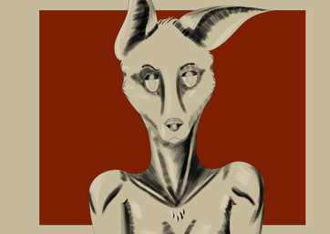 anthro big_ears breasts eyebrows female fur looking_at_viewer nude nude_anthro nude_female red_background simple_background solo standing tuft fluxfoxart canid canine canis jackal mammal absurd_res bust_portrait digital_drawing_(artwork) digital_media_(artwork) hatching_(art) hi_res portrait shaded sketch