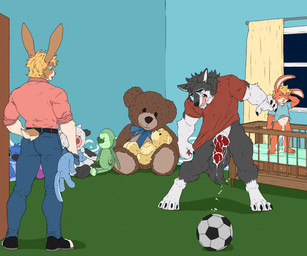 after_sex age_difference animal_genitalia animal_penis anthro athletic babysitter ball blonde_hair blue_clothing blue_eyes blue_shirt blue_topwear bodily_fluids bottomwear canine_genitalia canine_penis caught caught_in_the_act claws clothing cum cum_drip cum_in_ass cum_inside cum_on_ground denim denim_bottomwear denim_clothing dripping foreskin fur genital_fluids genitals grey_body grey_fur group hair inside jeans knot male male/male orange_body orange_fur pants penis pink_clothing pink_shirt pink_topwear plushie red_clothing red_shirt red_topwear shirt size_difference soccer_ball tail topwear toy trio young young_anthro younger_male hunterramirez tommy_flufftail canid canine canis lagomorph leporid mammal rabbit wolf better_version_at_source father_(lore) parent_(lore) son_(lore)