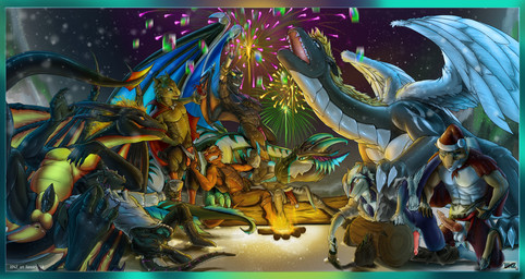 alcohol anthro balls beverage biped bulge clothing feral fire fireworks genitals group holidays male muscular muscular_male penis quadruped snow tail winter hnz christmas mythology thorin dragon mythological_creature mythological_scalie scalie sergal absurd_res character_request hi_res
