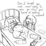 :3 anthro bed belly belly_tuft big_belly black_text blush blush_stickers bottomless bottomless_anthro bottomless_female clothed clothing duo eyes_closed facial_scar female female_anthro floppy_ears furniture genitals head_tuft holding_object humanoid_genitalia humanoid_vulva lop_ears lying navel on_back on_bed open_mouth open_smile pillow scar simple_background smile standing sweater sweater_only text thick_thighs topwear topwear_only tuft vulva white_background x_scar scrambledeve cave_story sue_sakamoto toroko lagomorph mammal mimiga 1:1 2025 digital_drawing_(artwork) digital_media_(artwork) english_text hi_res monochrome sketch