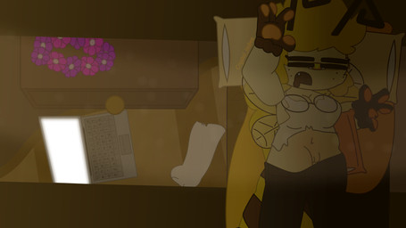 antennae_(anatomy) anthro bed belly clothing computer electronics eyewear female flower flower_crown furniture genitals glasses laptop messy_room navel on_bed open_palms plant pulled_down_clothes sleeping slightly_chubby solo torn_clothing vulva wings crystal_isabee bellflower_bee arthropod hymenopteran insect 16:9 signature wallpaper widescreen
