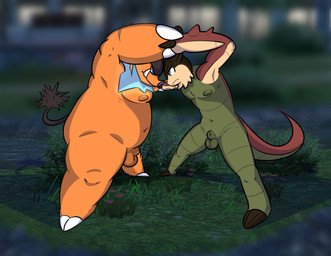 animal_genitalia anthro balls darkened_balls darkened_genitalia duo eye_contact eyebrows fight flaming_beard genitals green_body hair looking_at_another male nipples nude orange_body red_body screencap screencap_background sheath tail bismuth_(artist) nintendo pokemon pokemon_legends_z-a marren_(bismuth) vergil_(bismuth) chesnaught emboar generation_5_pokemon generation_6_pokemon pokemon_(species) shiny_pokemon digital_media_(artwork) hi_res