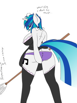 anthro anthrofied biped blue_hair breasts cleaning_tool clothing cutie_mark eyewear female fur glasses hair hooves horn legwear looking_at_viewer looking_back maid_uniform mop multicolored_hair panties purple_eyewear purple_glasses raised_tail solo standing stockings tail text two_tone_hair underwear uniform white_body white_fur handmantoot friendship_is_magic hasbro my_little_pony mythology vinyl_scratch_(mlp) equid equine mammal mythological_creature mythological_equine unicorn hi_res