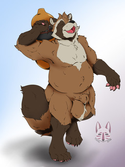 4_toes 5_fingers animal_genitalia anthro balls big_balls digitigrade eyes_closed feet fingers genitals gourd happy holding_object male nude nude_anthro nude_male pawpads pink_pawpads pubes sheath simple_background slightly_chubby slightly_chubby_anthro slightly_chubby_male solo text toes walking tokon_(artist) canid canine mammal raccoon_dog tanuki 2026 artist_name hi_res watermark