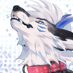abstract_background ambiguous_anthro ambiguous_gender anthro black_ears black_nose blue_eyes blue_horn blue_markings cheek_tuft collar ears_back facial_markings facial_tuft fangs fur hair head_markings horn inner_ear_fluff looking_at_viewer markings neck_tuft pivoted_ears red_collar short_hair solo teeth tuft whiskers white_body white_fur white_hair white_inner_ear_fluff justkiddinb canid canine mammal 1:1 hi_res