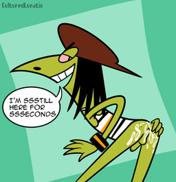 anthro black_hair bodily_fluids bottomless bracelet brown_clothing brown_headwear clothed clothing colored_sclera cum cum_in_ass cum_inside dialogue genital_fluids genitals green_body hair hand_on_butt hat headgear headwear jewelry looking_at_viewer looking_back male open_mouth pink_sclera scales shirt smile solo tank_top teeth text toony topwear white_clothing white_topwear culturedlunatic cartoon_network powerpuff_girls snake_(powerpuff_girls) animal_humanoid humanoid mammal reptile reptile_humanoid scalie scalie_humanoid snake snake_humanoid english_text hi_res watermark