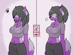 anthro bodily_fluids breasts female frustrated frustration_cloud fur hair happy long_hair ponytail purple_body purple_fur solo tleatlnox59 arcy_(tleatlnox59) canid canine fox mammal 2024 hi_res meme watermark