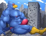 anthro beak blue_body building bulge car city clothing destruction erection erection_under_clothing erection_under_speedo feathers macro male motor_vehicle muscular muscular_male overly_muscular sitting solo speedo swimwear vehicle worship maldu nintendo star_fox falco_lombardi avian bird 5:4 absurd_res hi_res