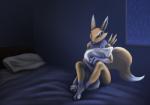 anthro bed breasts female fur furniture pillow solo astraldog bandai_namco digimon canid canine digimon_(species) mammal renamon 2017 hi_res