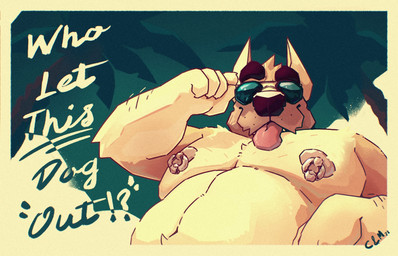 anthro arm_hair belly big_belly body_hair chest_hair eyewear front_view fur head_tuft male moobs nipple_piercing nipple_ring nipples nude obese obese_anthro obese_male obscured_eyes overweight overweight_anthro overweight_male piercing red_tongue ring_piercing smile solo sunglasses tongue tongue_out tuft yellow_body yellow_fur chocolateandmilk richard_(chocolateandmilk) canid canine canis domestic_dog mammal 2022 dated hi_res signature