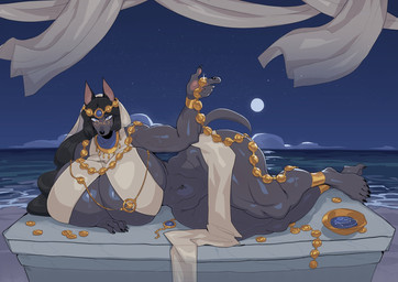 anthro big_breasts biped black_body breasts detailed_background eyewear female glasses huge_breasts lying on_side outside solo thick_thighs wide_hips nanokindred raziel_(nanokindred) canid canine mammal hi_res