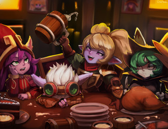 cake clothed clothing cutlery dessert eyewear eyewear_on_head female fingers food fork goggles goggles_on_head green_hair group hair kitchen_utensils knife open_mouth plate purple_hair tools cranihum league_of_legends riot_games tencent lulu_(lol) poppy_(lol) tristana_(lol) vex_(lol) humanoid yordle 2022 absurd_res hi_res