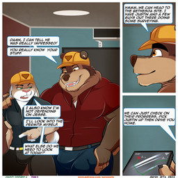 anthro armor big_bulge border bottomwear bulge cellphone clothing dialogue electronics green_eyes grey_clothing grey_shirt grey_topwear hand_on_shoulder hard_hat headgear helmet male muscular muscular_anthro muscular_male office orange_eyes pants phone profanity red_clothing red_shirt red_topwear shirt smartphone speech_bubble text topwear white_border worker_helmet aaron_(artist) dillon_(aaron) mathew_porter bear lagomorph leporid mammal rabbit ursine 2023 comic digital_media_(artwork) english_text hi_res url