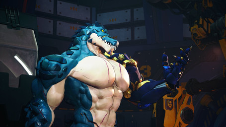 abdominal_scar abs anthro biceps chest_scar clothed clothing cybernetic_arm cybernetic_limb cybernetics deltoids factory head_spines machine male muscular muscular_anthro muscular_male obliques scales scar serratus sharp_teeth solo tan_body tan_scales teal_body teal_scales teeth topless yellow_sclera jiushi_is_90 jiushi_is_90_(modeler) ryuichi_arasaka crocodile crocodilian cyborg reptile scalie 16:9 2025 3d_(artwork) digital_media_(artwork) hi_res widescreen