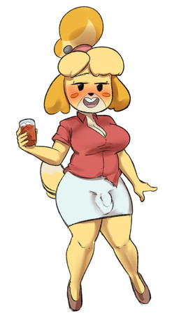 anthro big_breasts blush bottomwear breasts bulge cleavage clothed clothed_anthro clothed_gynomorph clothed_intersex clothing detailed_bulge drunk furgonomics genital_outline gynomorph intersex looking_at_viewer monotone_bottomwear monotone_clothing monotone_skirt pencil_skirt penis_outline skirt solo substance_intoxication tail tail_through_skirt nightpickle animal_crossing nintendo isabelle_(animal_crossing) canid canine canis domestic_dog mammal shih_tzu toy_dog hi_res