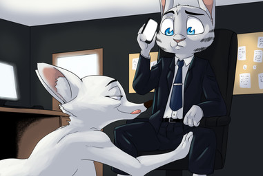 anthro belt blue_eyes cellphone chair clothed clothing desk duo electronics facial_markings female fur fur_markings furniture head_markings holding_object holding_phone imminent_fellatio imminent_oral inside licking licking_lips male male/female markings monitor necktie office_chair phone self_lick sitting suit table tongue tongue_out akiric disney zootopia jack_savage skye_(zootopia) arctic_fox canid canine fox lagomorph leporid mammal rabbit true_fox 2018