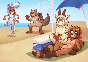 5_fingers 5_toes anthro areola ball beach beach_towel beach_umbrella beach_volleyball book breasts casual_nudity cooler crouching feet female fingers flaccid fur genitals group gynomorph hair holding_book holding_object horn humanoid_feet intersex jumping lying navel net nipples nude nude_anthro nude_beach nude_female nude_gynomorph nude_intersex on_back outdoor_nudity outside parasol penis plantigrade playing_sport public public_nudity reading reading_book sand seaside sitting sky smile social_nudity soles sport tail toes towel umbrella volleyball volleyball_(ball) volleyball_net vulva water luchosfactory bovid canid canine canis caprine goat lagomorph leporid mammal procyonid rabbit raccoon wolf absurd_res digital_media_(artwork) hi_res