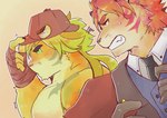 angry anthro clothing detective_hat duo fur green_eyes humor male muscular muscular_anthro muscular_male necktie pecs topwear vest yellow_body yellow_fur igarashi_ta lifewonders tokyo_afterschool_summoners macan_(tas) nomad_(tas) felid mammal pantherine tiger hi_res