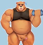 anthro balls belly bicep_curl blue_background blush brown_body brown_fur clothing dumbbell exercise eyes_closed fur genitals humanoid_genitalia humanoid_hands humanoid_penis male navel overweight overweight_anthro overweight_male penis shirt simple_background solo topwear weightlifting weights workout barmaku animal_crossing nintendo teddy_(animal_crossing) bear mammal 2020 hi_res