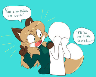 ambiguous_gender anthro blush brown_body brown_fur brown_hair clothing covering covering_face dialogue dipstick_tail duo female female_anthro fur gloves_(marking) green_clothing green_eyes green_sweater green_topwear hair markings multicolored_tail speech_bubble sweater tail tail_markings text topwear conditional_dnp fiddleafox anon averi_(fiddleafox) canid canine fox human mammal red_fox true_fox 2020 english_text